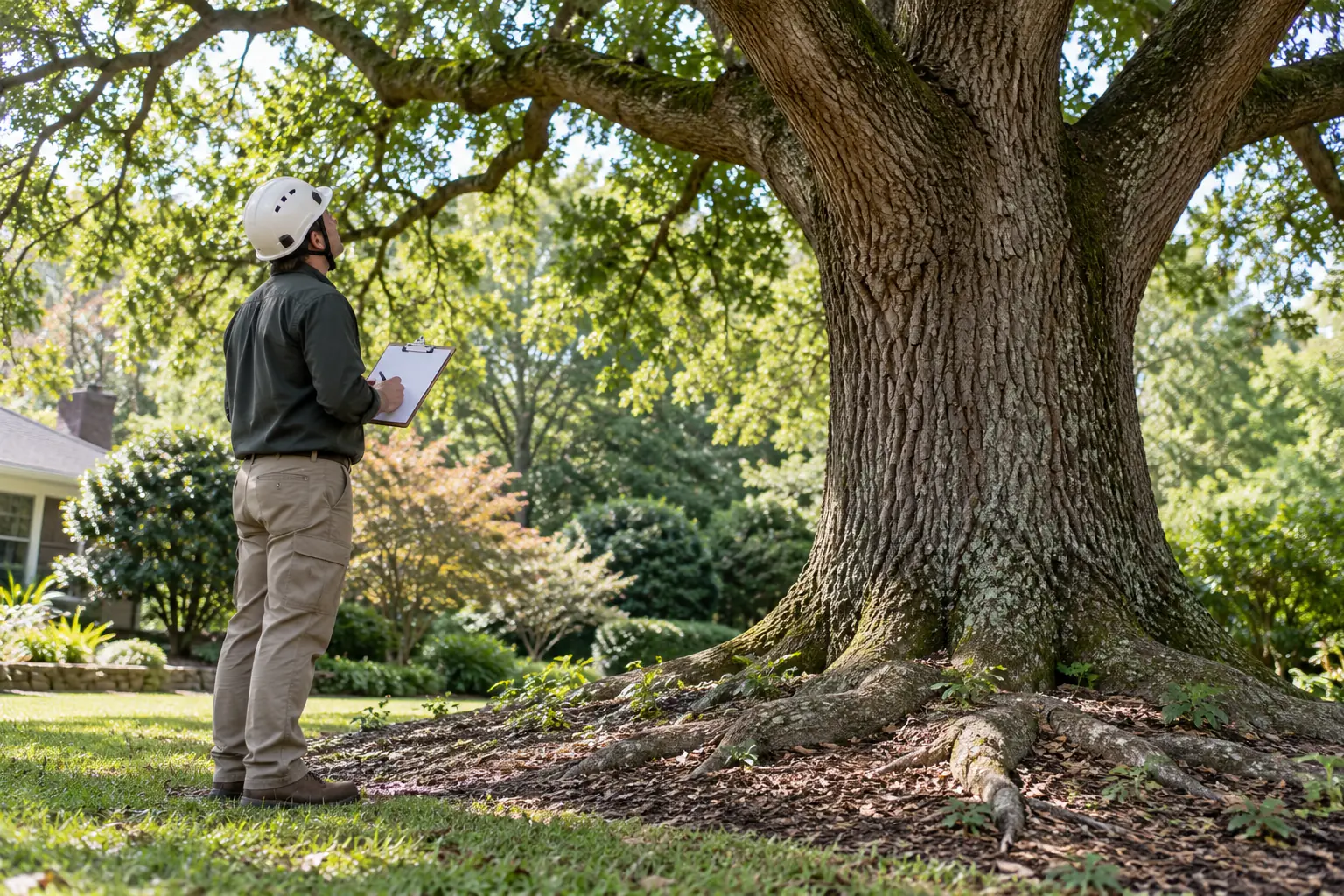 Tree-care professional assessing a mature oak from the ground