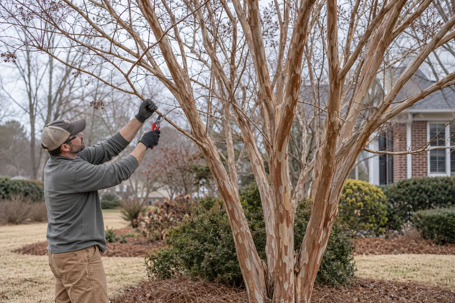 Selective late-winter pruning of a dormant multi-stem crape myrtle