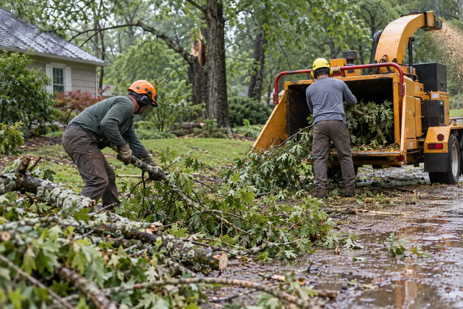 Tree-care workers collecting fallen branches after a storm