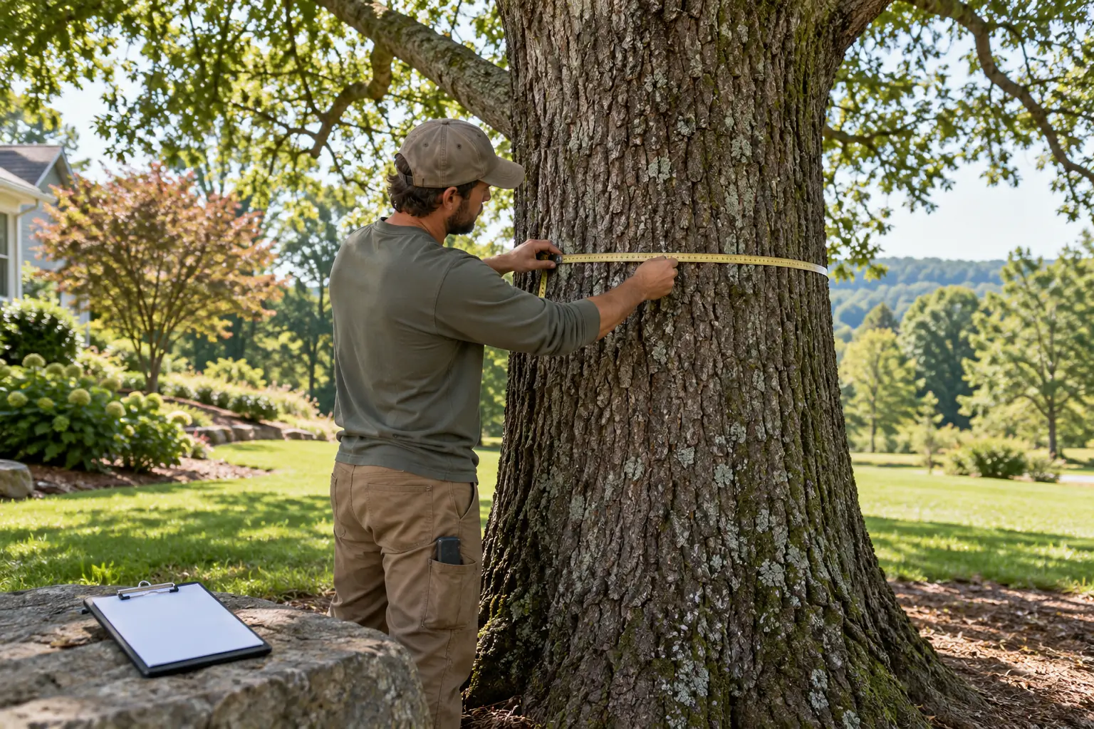Tree-care estimator measuring the trunk of a mature oak