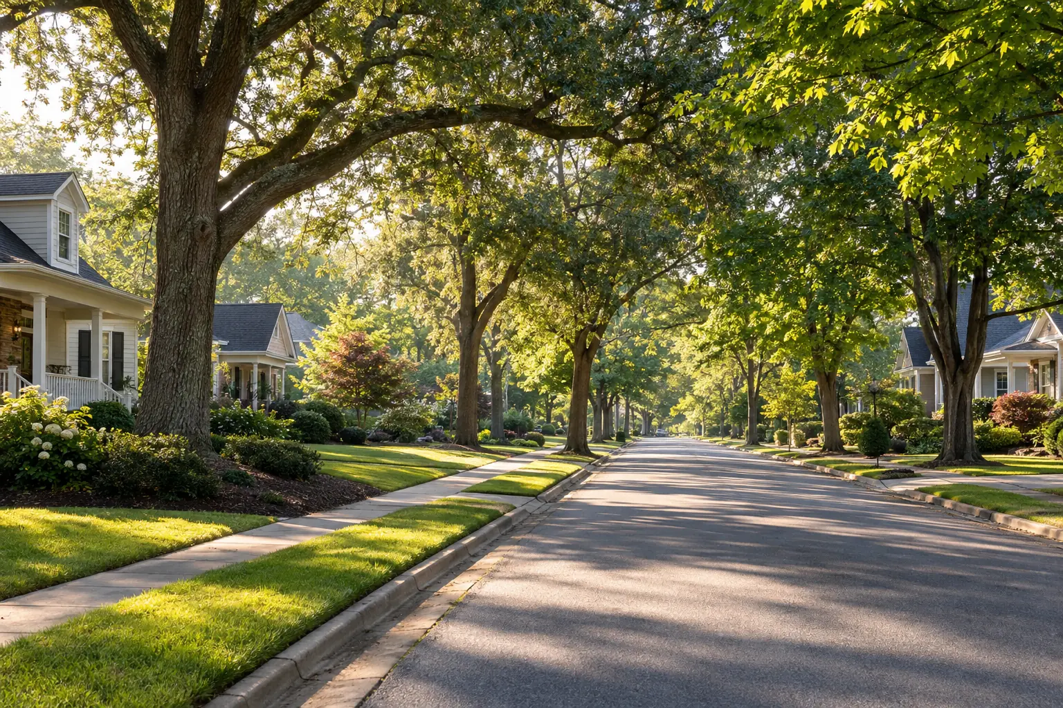 Tree-lined residential street in an illustrative Upstate neighborhood